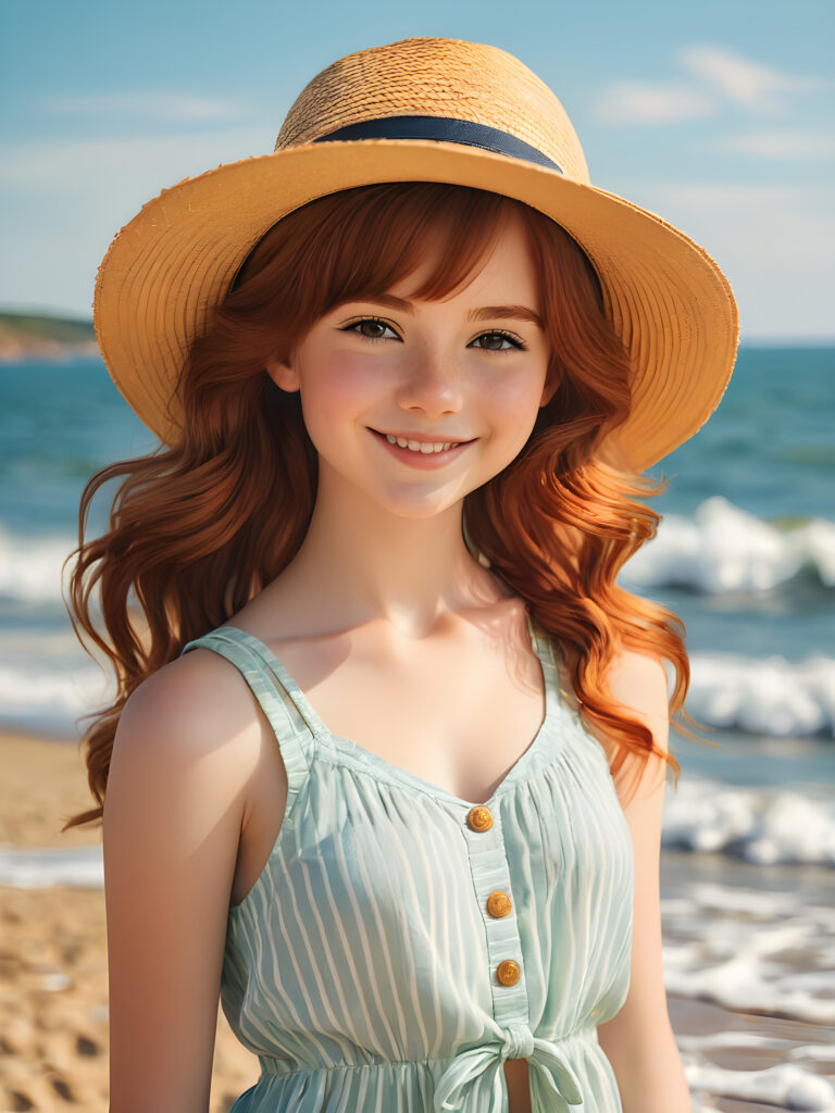 ((detailed, realistic portrait)) a beautiful gorgeous young teen girl stands on the beach. She has auburn hair and wears a straw hat. The sea can be seen in the background. She smiles.