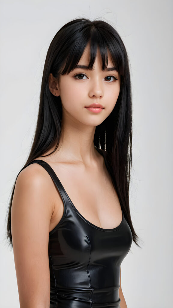 ((detailed, realistic)) ((portrait)) of (((cute and gorgeous))) ((long, straight black hair)) ((stunning)) a beautifully ((teen girl)), 15 years old, bangs cut, angelic round face, ((black eye)) looks at the camera, perfect curved body, (wears a super short tight (black tank top) made of latex), white background, side view, ((no background)), cinematic dimmed light