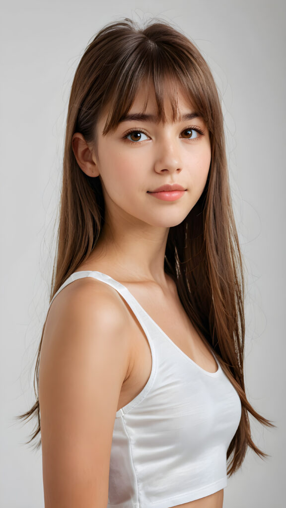 ((detailed, realistic)) ((portrait)) of (((cute and gorgeous))) ((long, straight brown hair)) ((stunning)) a beautifully ((teen girl)), 15 years old, bangs cut, angelic round face, ((hazelnut eye)) looks at the camera, perfect curved body, (wears a super short tight (white tank top) made on thin silk), perfect anatomy, white background, side view, ((no background)), cinematic dimmed light