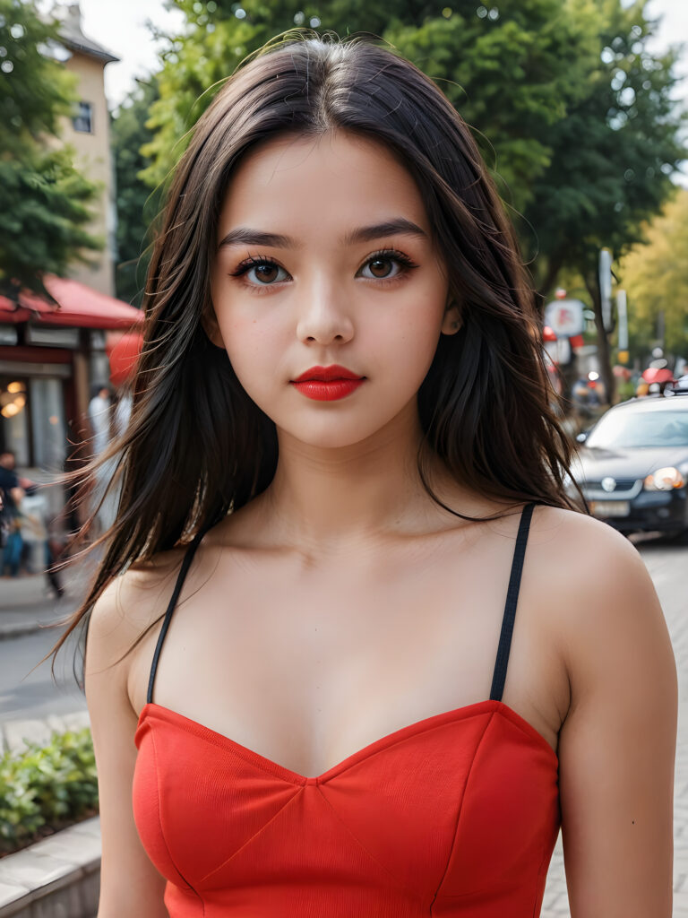 detailed, realistic upper body portrait: a 17 years teen girl with long soft black straight hair, black eyes, red bright lips, wearing a red mini crop top