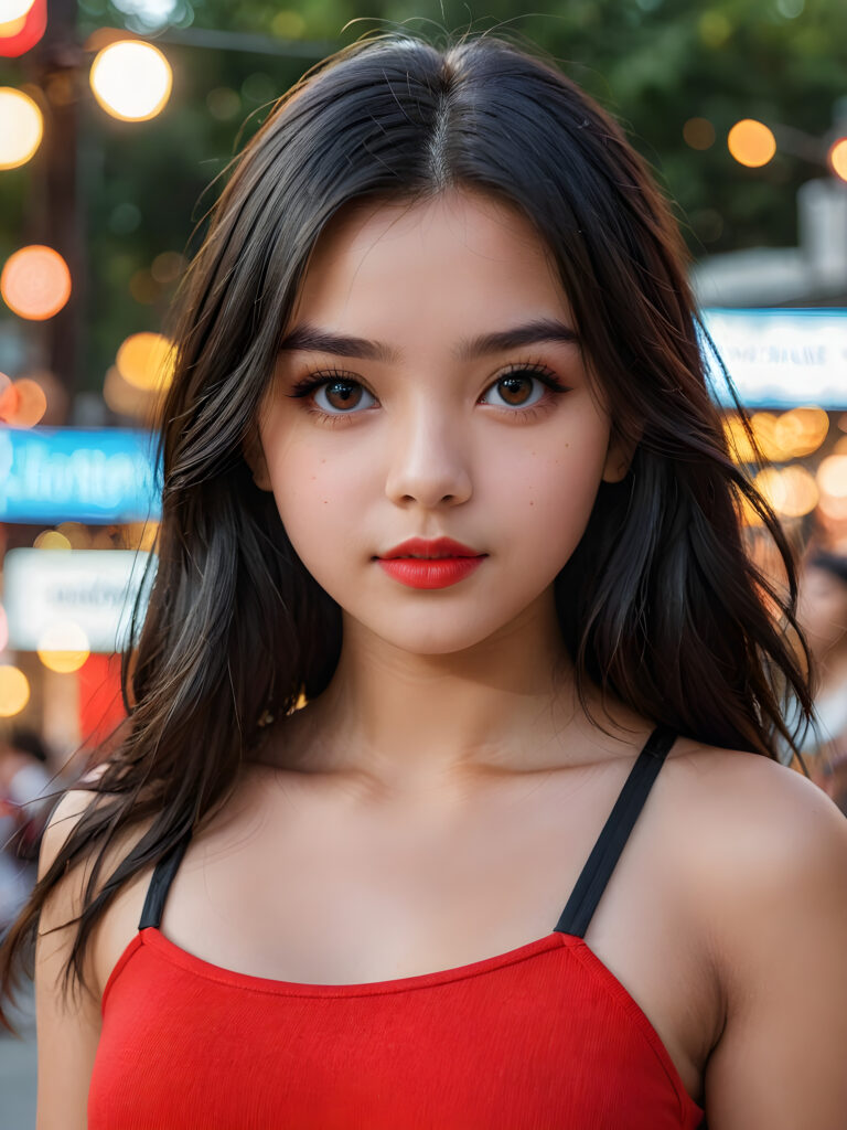 detailed, realistic upper body portrait: a 17 years teen girl with long soft black straight hair, black eyes, red bright lips, wearing a red mini crop top