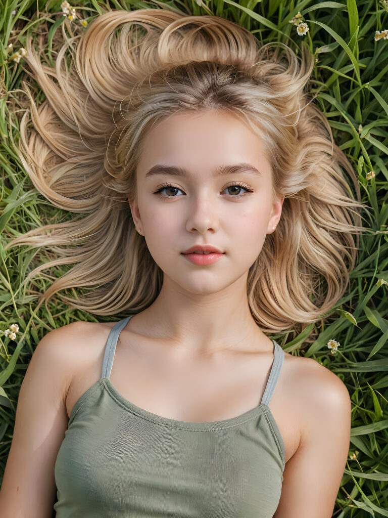 detailed shot: a young teen girl lies in a field, bird's eye view, full body, she has soft blond hair, ((crop top)), perfect fit body