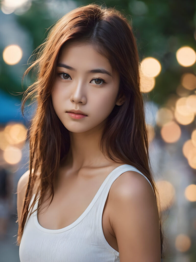 super realistic, detailed face, cute 17 years old girl, long straight hair, realistic detailed eyes, wear white short tight tank top, looks sadly at the camera, perfect curved body