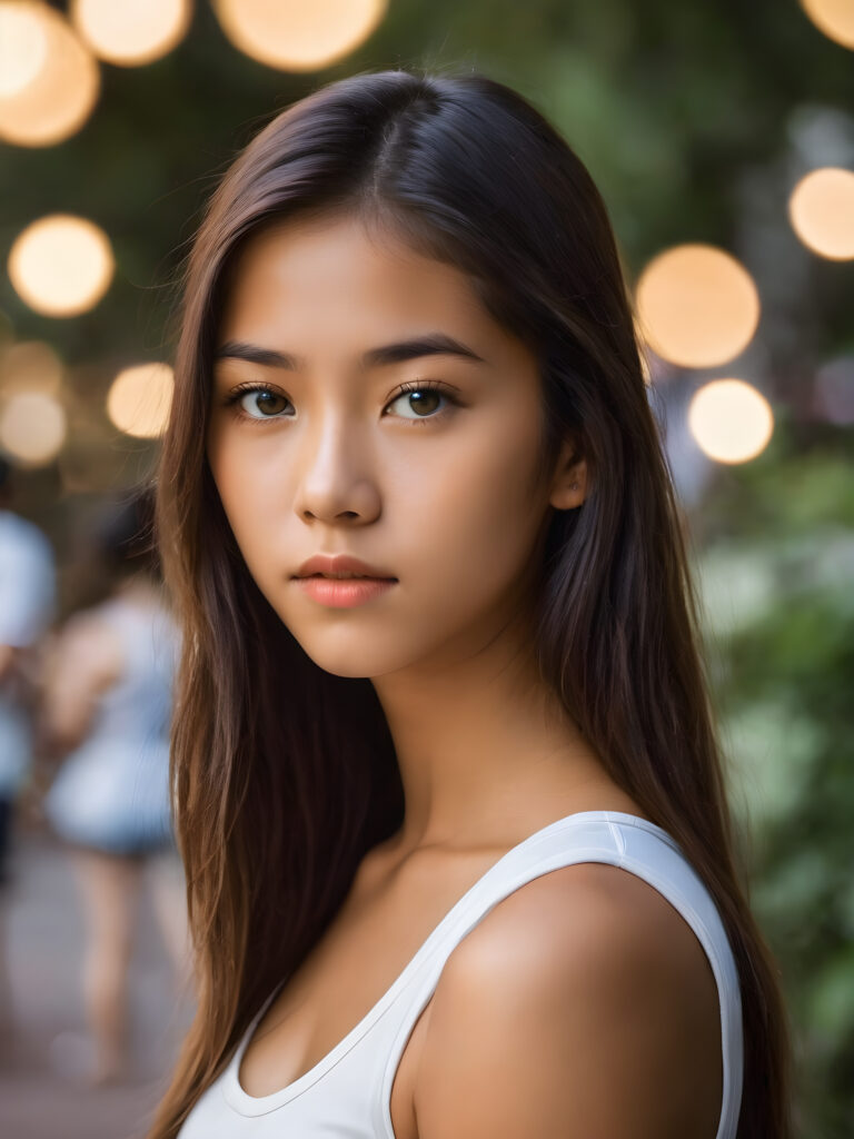 super realistic, detailed face, cute 17 years old girl, long straight hair, realistic detailed eyes, wear white short tight tank top, looks sadly at the camera, perfect curved body