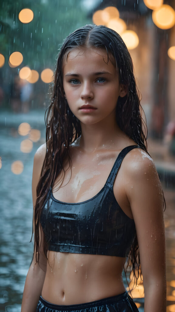 hyper realistic 8k dynamic photography of beautiful cute enchanting mage 18 years old girl, with detailed long full wet hair, Korean styled bangs, realistic and detailed eyes, standing in the rain, looking sadly into the camera, wear wet tight bikini, super short round mini skirt, perfect curved body, dynamic cinematic lights, full body shot, exotic perfect detailed face, ultra hyper detailed, wet skin