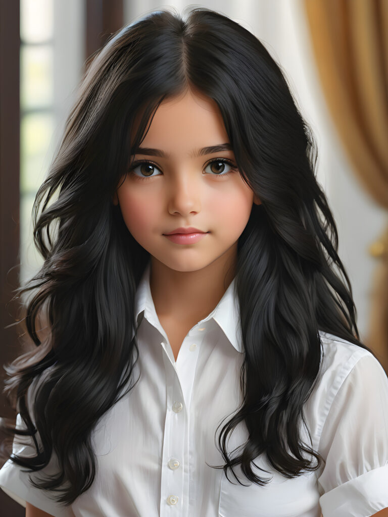 super realistic, detailed portrait, a beautiful young girl with long black hair looks sweetly into the camera. She wears a white shirt