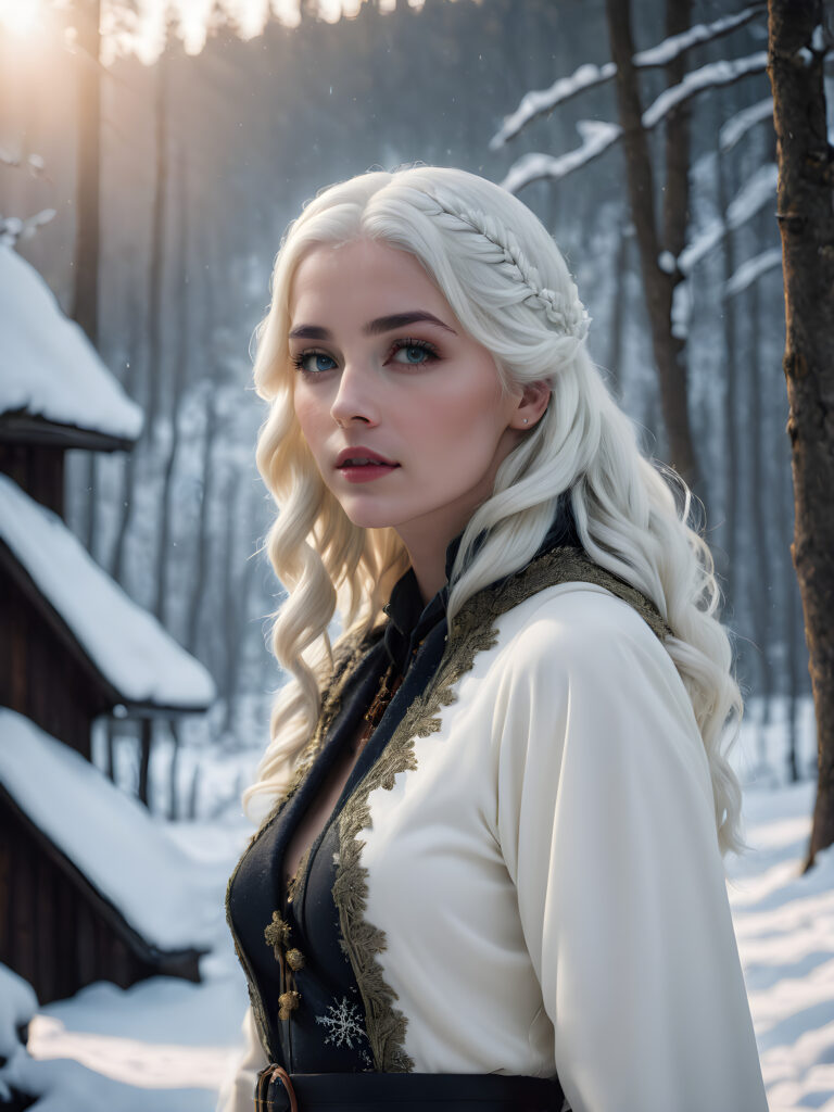 a girl with white hair, white dressed, in snow