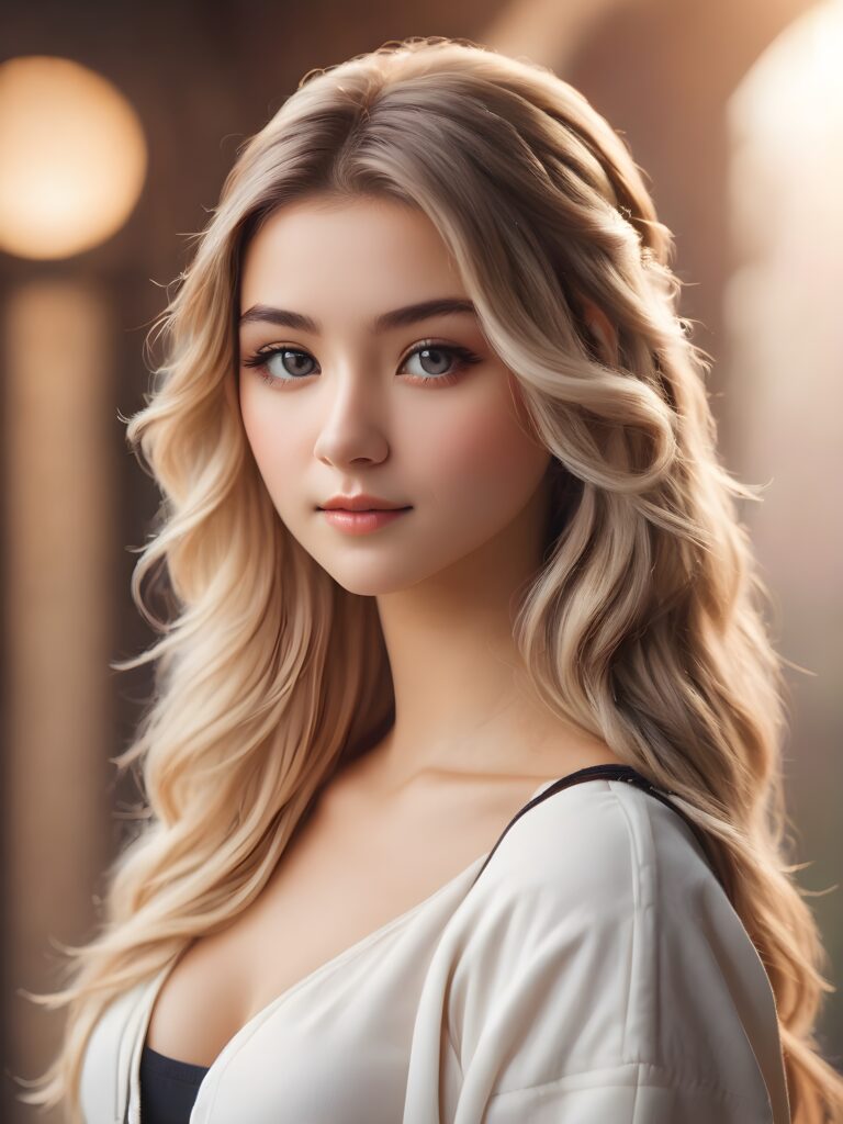 a (((tomboy teen girl))) with long, (((realistically detailed hair))), poised in a (((cinematic light setup))) for a portrat-shot, her face radiant with happiness, featuring a (((flawlessly detailed round face))), a (((short form fitting crop top))) that showcases her perfect physique, and (((realistic details))), such as a (((curvy yet toned silhouette))), all against an (((empty, high-key backdrop))).