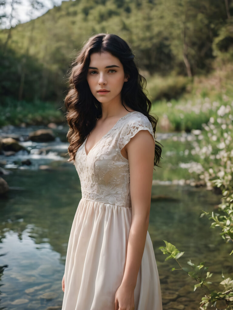 a beautiful, young girl stands up to her stomach in a natural spring and looks embarrassed into the camera. Her black, wavy hair falls over her upper body. She is wearing a thin silk dress.