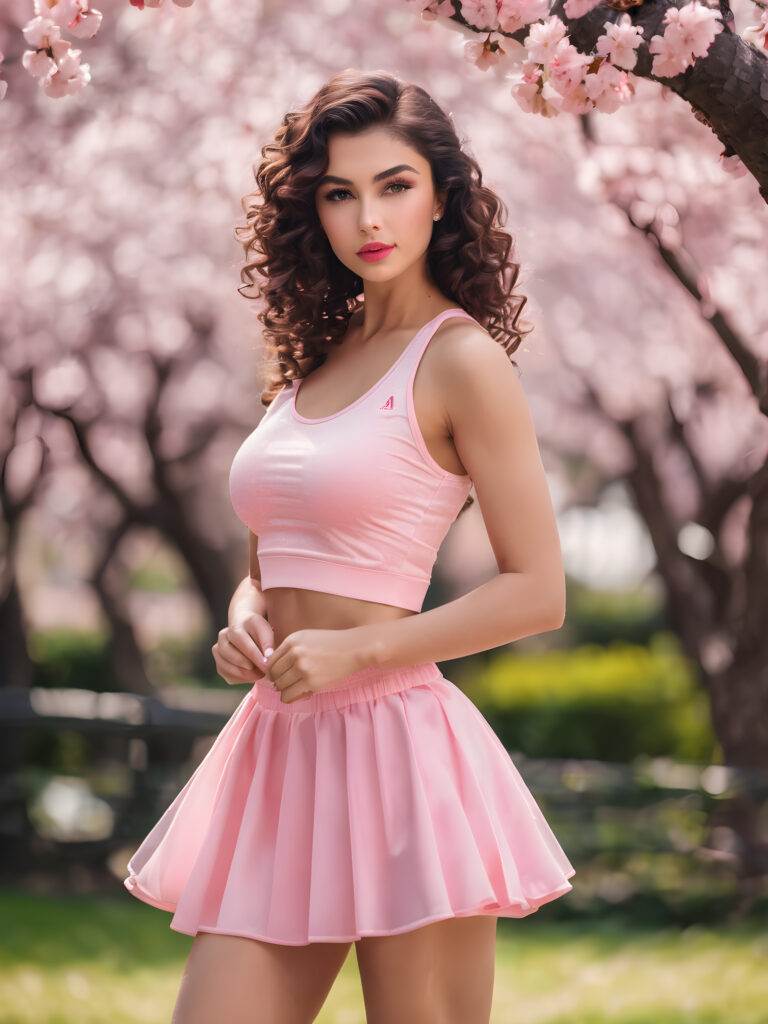 ((full body)) ((cute)) (((gorgeous)) ((stunning)) a (((beautiful babe))), with flowing, (((dark curls))), (((full lips))), (((round angelic face))), dressed in a (((pink short sport top))), (((short pink mini skirt))), posing in an cherry blossom