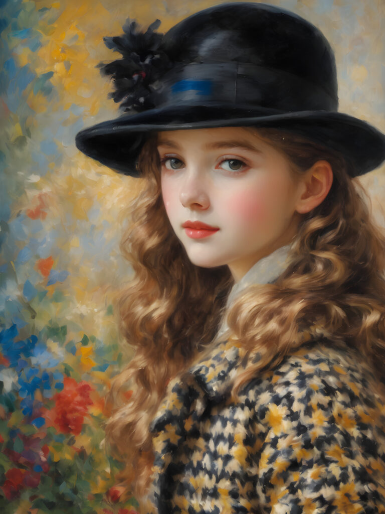 a delightfully detailed (((painted scene))) by Pierre-Auguste Renoir, representing a young girl of 5 in the 1930s, dressed in a long coat with a classic (((pied de poule pattern))), pairing it with a petite, yet luxurious (((velvet black hat))), exuding an air of whimsy and nostalgia, with vibrant pastel hues that perfectly capture every intricate detail, achieving an (8K resolution) that is both crisp and clear, embodying a level of realism that makes the scene all the more adorable