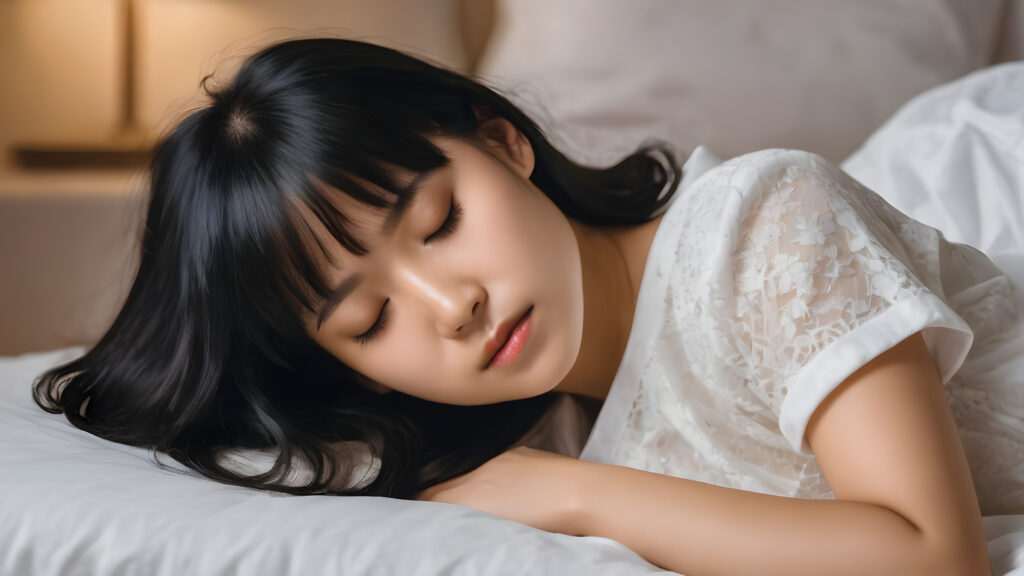 portrait of a cute sleeping Asian girl, black straight hair, bangs cut, white night suit, closed eyes, in an comfortable bed