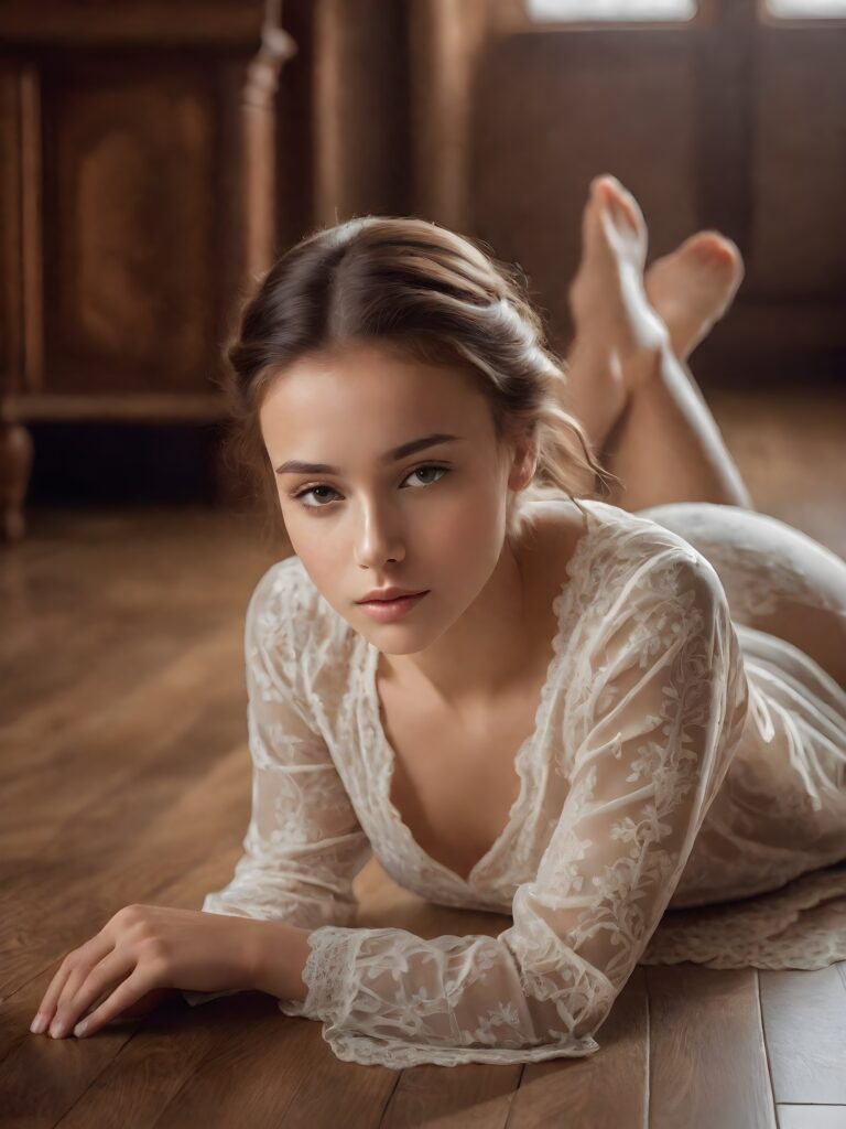 ((gorgeous)) ((detailed)) (stunning)) a cute young female girl, detailed brown hair, (viewed from front), she is laying down on her stomach on a wooden floor, perfect anatomy, wear only a thin nightgown made of silk, her head rests on her hands