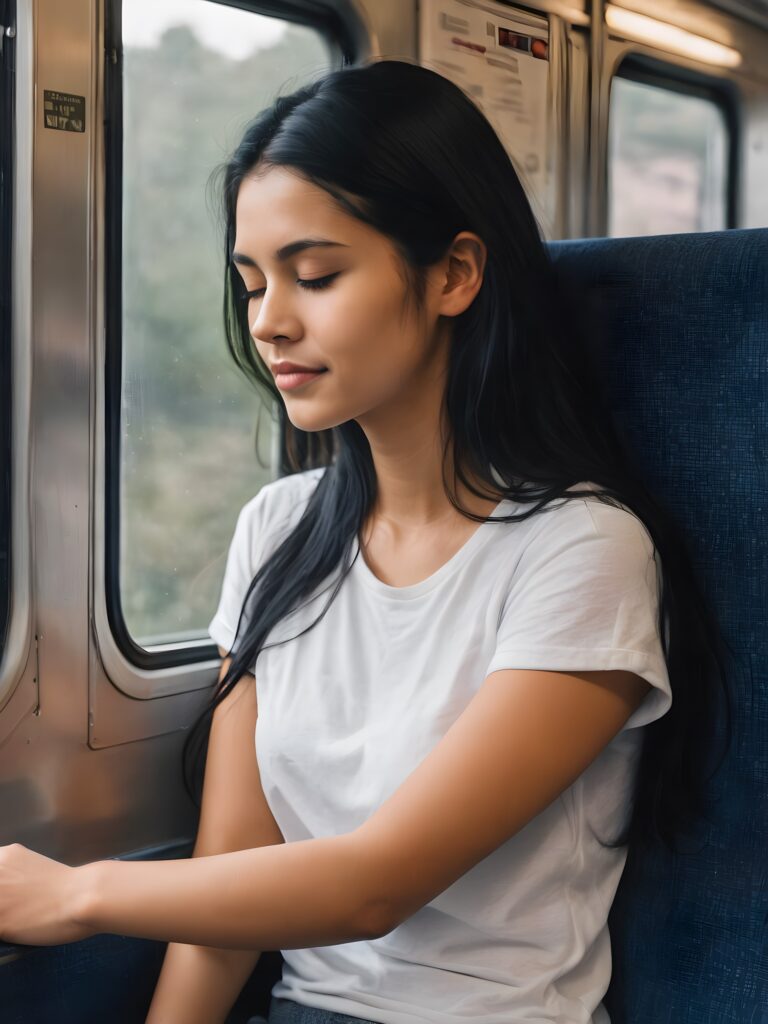 a very nice young girl, sleep and sitting in a train compartment, portrait shot, her long black hair falls over her shoulders, warm smile, closed eyes, she wears a white t-shirt