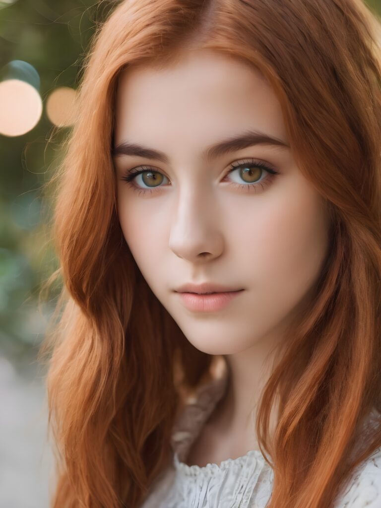 a beautiful young teen girl with amber hair and big saucer eyes looks sweetly into the camera