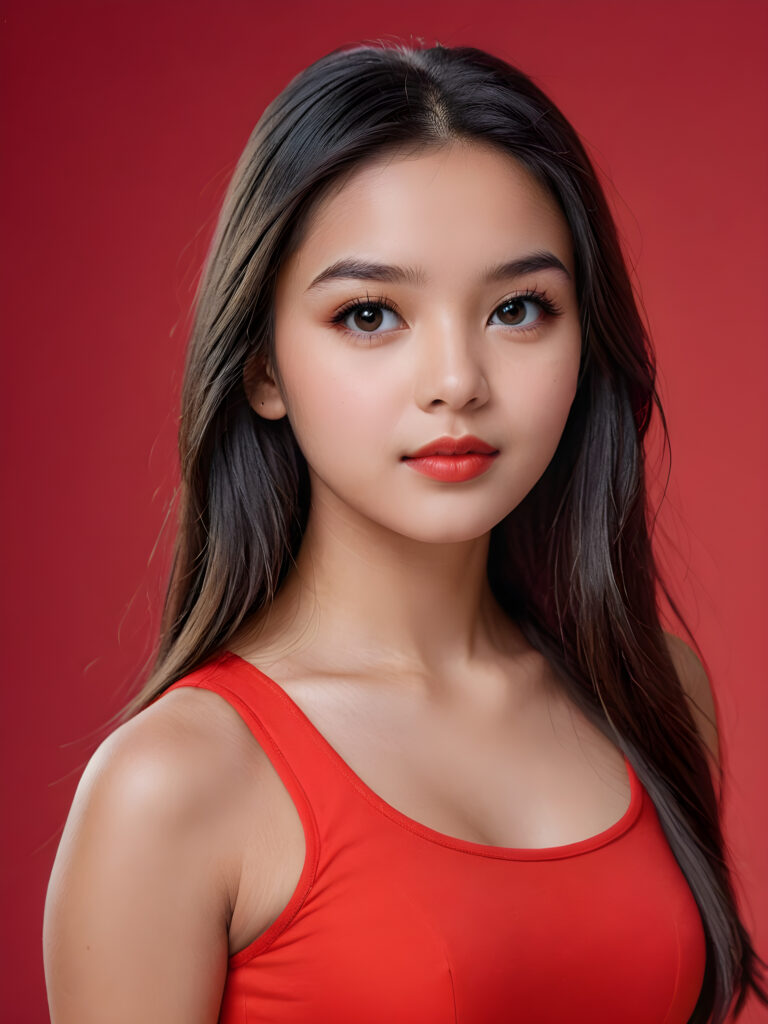 detailed, realistic upper body portrait: a 17 years teen girl with long soft black straight hair, black eyes, red bright full kissable lips, wearing a red mini crop top, side view, empty backdrop