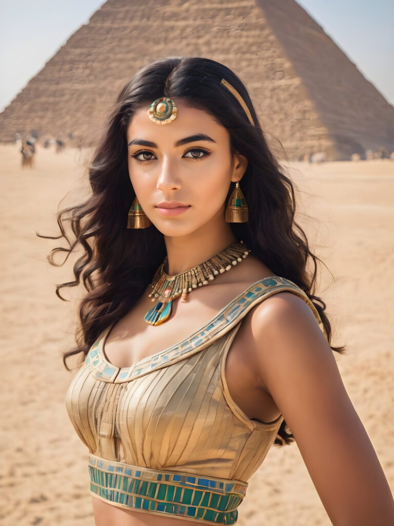 ((wide angle shot)) ((cute)) (((gorgeous)) ((stunning)) a classic Egyptian girl who resembles Cleopatra poses in front of a pyramid and looks sideways at the viewer, perfect detailed body, warm smile, detailed color, masterpiece of picture