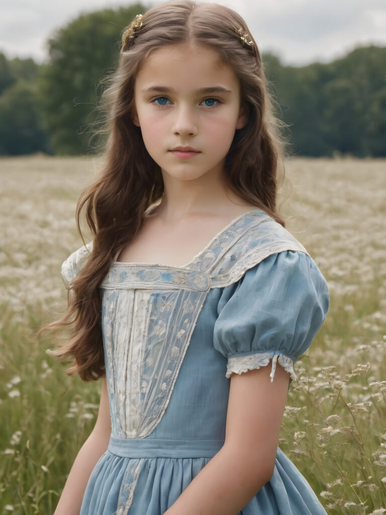 ((detailed perfect portrait)), young girl, 13 years old, stands in a meadow. She is dressed in classic 1800 style, she look at the viewer, detailed shiny straight brown hair, blue eyes, round detailed face, achieving an (8K resolution)