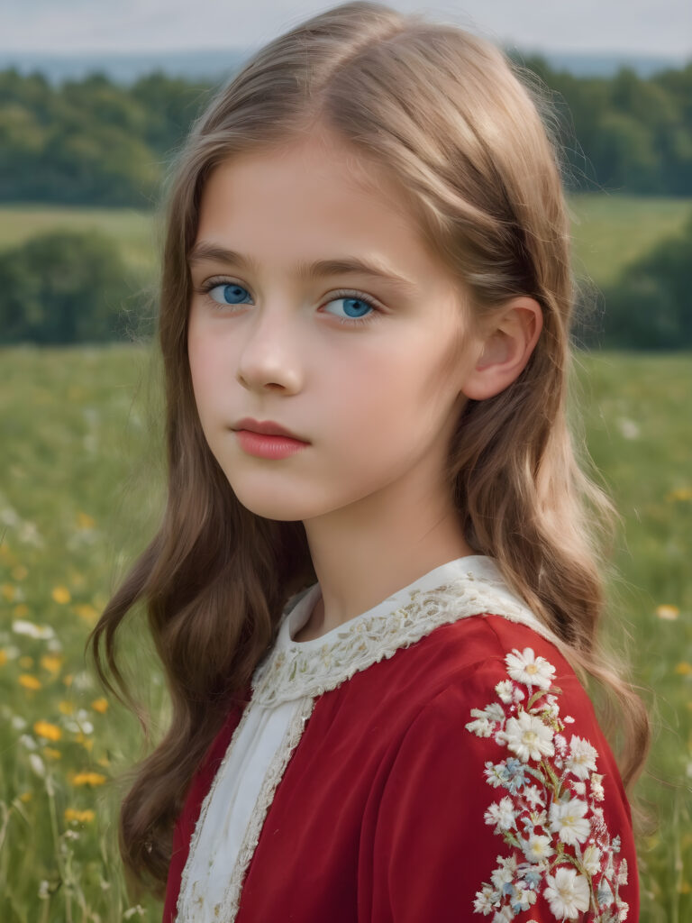 a detailed perfect portrait, young girl, 13 years old, stands in a meadow. She is dressed in classic 1960 style, she look at the viewer, detailed shiny hair, blue eyes, round detailed face