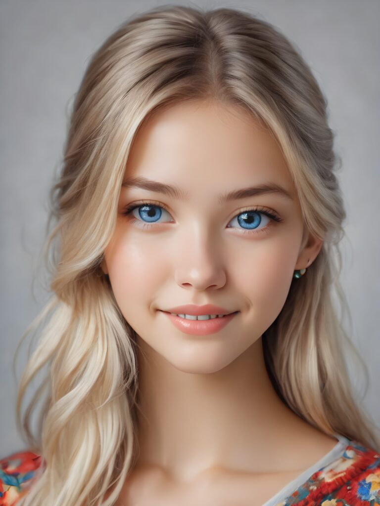 ((realistic, detailed)) ((stunning)) portrait, a young teen girl, 16 years old, perfect curved body, smile, straight gold hair, blue eyes, detailed face