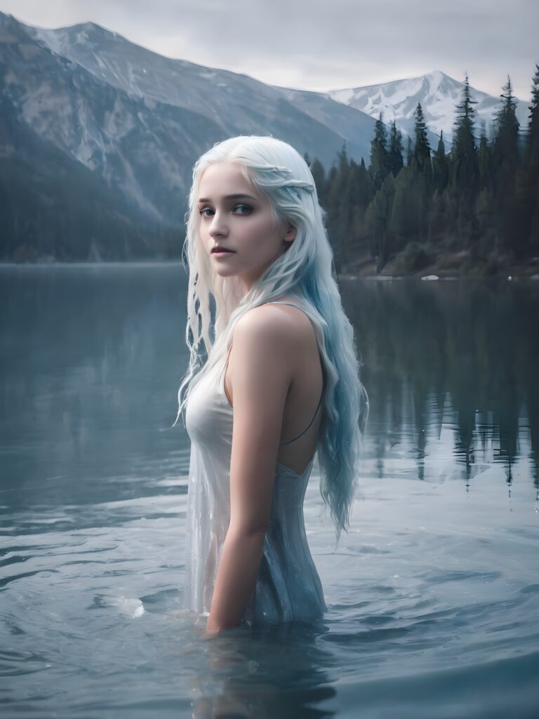 a girl with white shimmering hair standing into the water, sadness swells inside of her, she steps onto the lake, turning the lake with every step into ice, she is glowing