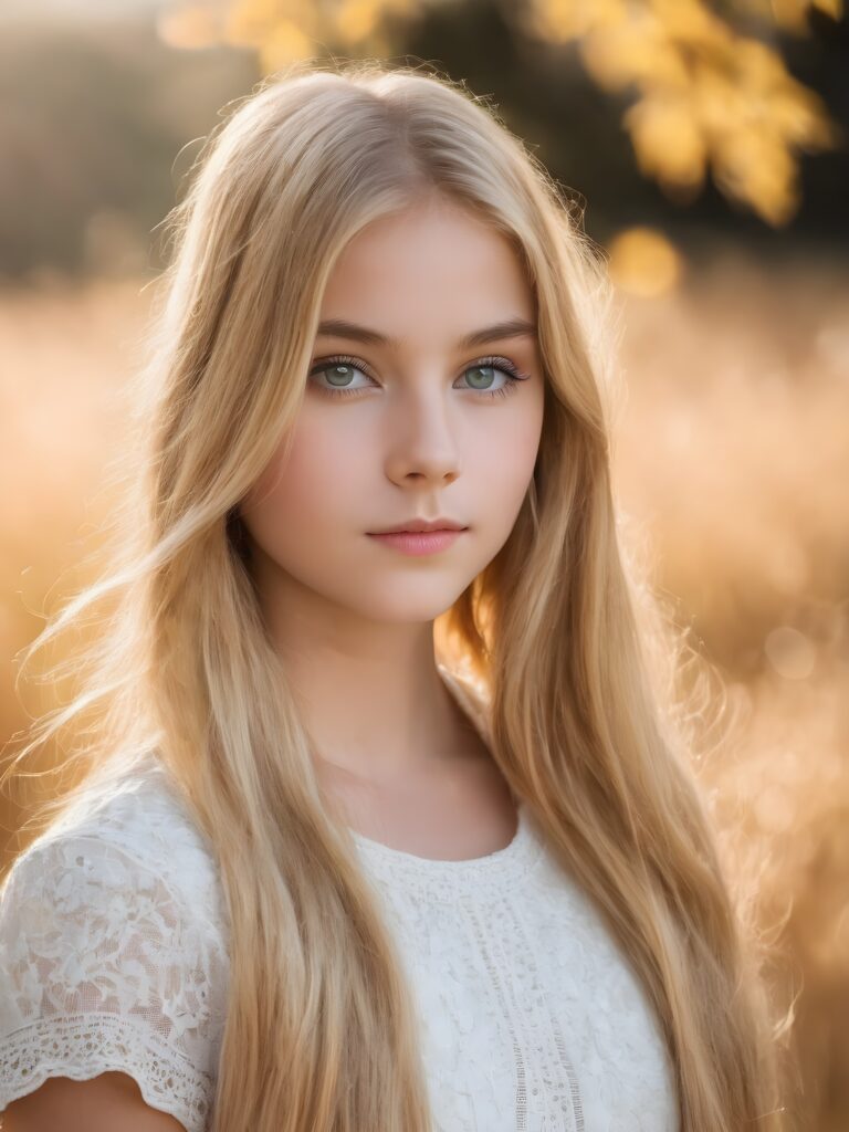 a beautiful young teen girl with golden blonde hair and big saucer eyes looks sweetly into the camera