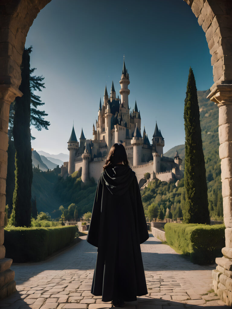 a sweet young girl wears a black magic cloak, has black hair and stands in front of a huge castle.