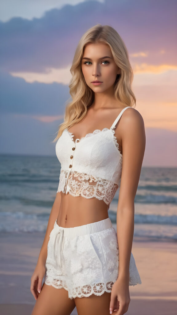 ((cute)) ((stunning)) ((gorgeous)), a blonde teen girl, she is wearing a low cut white lace crop top and white lace Daisy Duke shorts, sunset