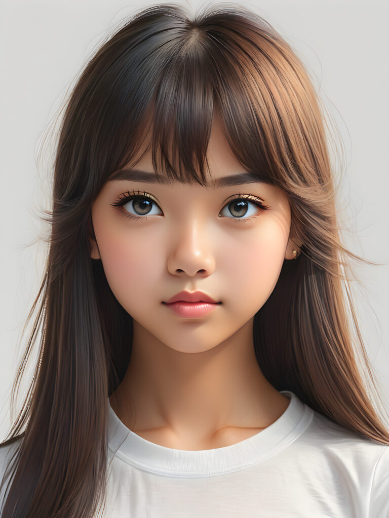 ((portrait)) of (((cute))) (((elegant))) ((attractive)) (((long, straight hair))) ((stunning)) ((pencil drawing)) a beautifully realistic, cinematic lights, Asian teen girl, 15 years old, bangs cut, realistic detailed angelic round face, ((realistic detailed eye)) looks sadly at the camera, portrait shot, perfect curved body, (wears a super short tight (white t-shirt) made on thin silk), perfect anatomy, white background, side perspective, ((no background))