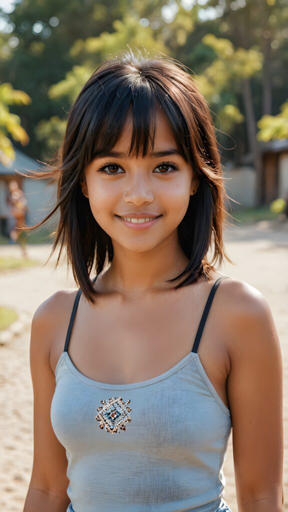 full body of pretty brown-skinned indigenous girl with black soft straight hair, bangs cut, brown eyes, gentle smile, wearing a girl beater