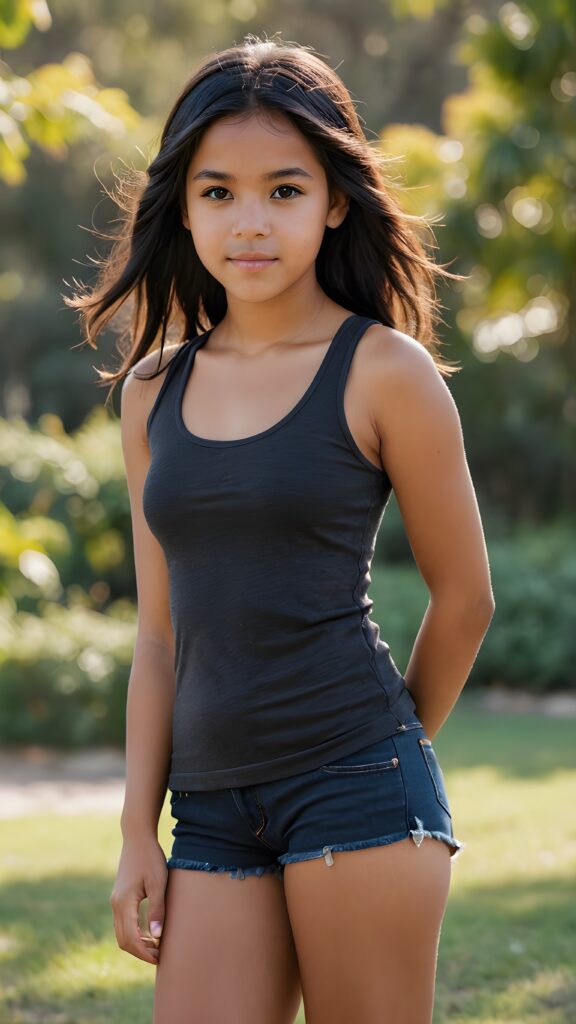 full body of pretty brown-skinned indigenous teen girl with black soft hair, brown eyes, wearing a girl beater