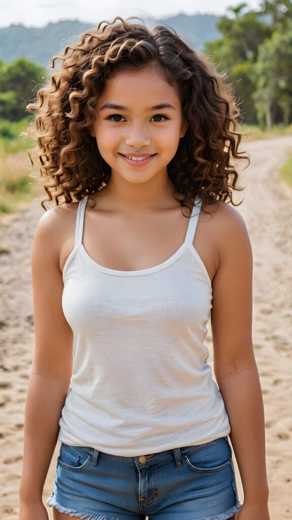 full body of pretty indigenous girl with brown soft curly hair and brown eyes, gentle smile, wearing a girl beater
