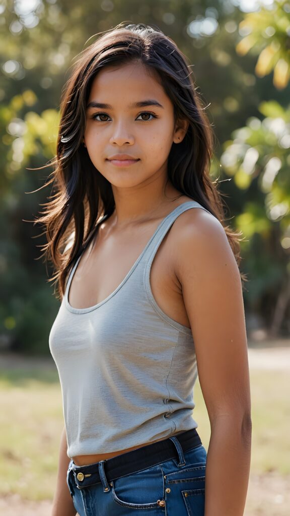 full body of pretty brown-skinned indigenous teen girl with black soft hair, brown eyes, wearing a girl beater