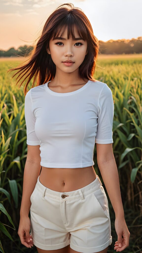 ((full body view)) of ((cute)) ((beautiful)) ((female model)) ((stunning)) (upper body) a young Filipino teen girl, 15 years old, detailed hair, styled bangs, white short tight shirt, perfect curved body, ultra realistic face, realistic amber eyes, detailed maroon straight hair, a photo with beautiful saturation, ultra high resolution, stands in a field, sunset in the background