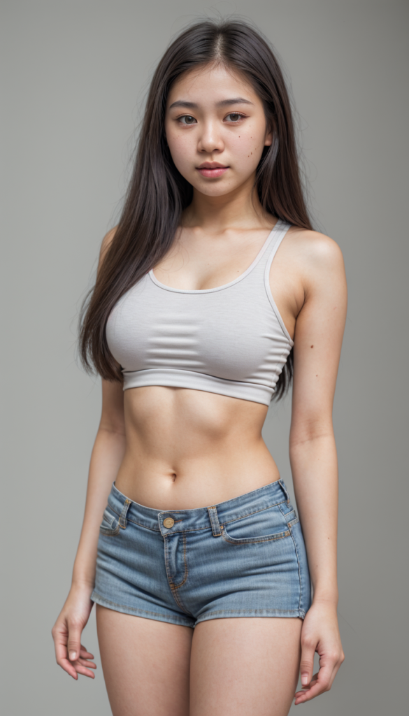 super realistic, perfect curved body, detailed face, cute Thailand teen girl, wear super short tight tank top, round short mini skirt, perfect pose, perfect detailed eyes, long straight hair, full body shot
