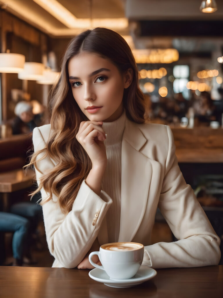 Visualize an incredible scene where a beautifully dressed girl, surrounded by the warm glow of a coffee shop, enjoys (a cup) of coffee with utmost elegance. 4k resolution, best quality
