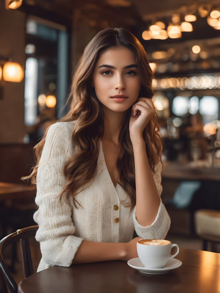Visualize an incredible scene where a beautifully dressed girl, surrounded by the warm glow of a coffee shop, enjoys (a cup) of coffee with utmost elegance. 4k resolution, best quality