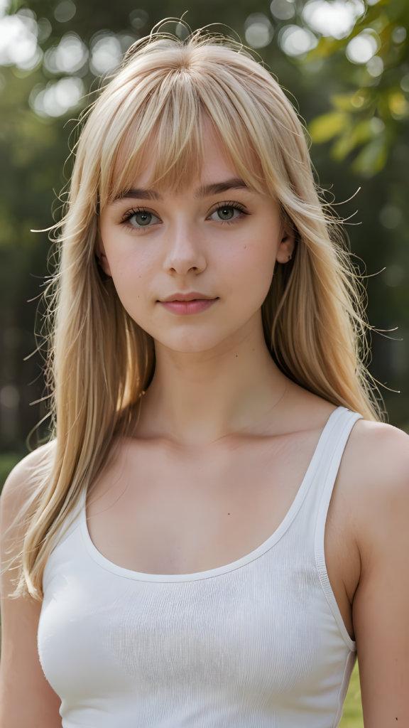 a cute teen girl, long blonde soft straight hair, Korean styled bangs, wear only a white short tight tank top, looks at the camera, portrait shot, super realistic, 4k, detailed face, perfect curved body