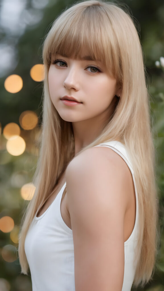 a cute teen girl, long blonde soft straight hair, Korean styled bangs, wear only a white short tight tank top, looks at the camera, portrait shot, super realistic, 4k, detailed face, perfect curved body