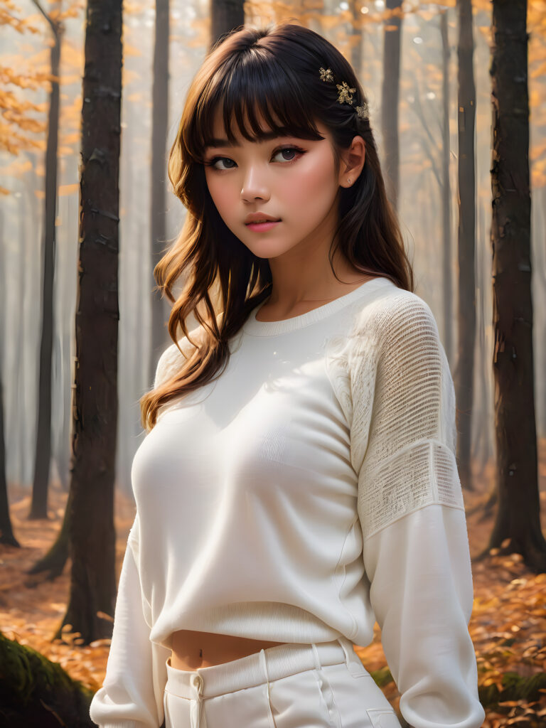 ((gorgeous)), ((stunning)), (side view), (best quality, masterpiece), ((full body)), deep shadow, depth of field, photo with beautiful saturation, ultra high resolution, a cute Exotic girl, 14 years old, wears a (thin tight white chiffon sweater), perfect curved body, ultra realistic face, (((detailed hair, bangs cut))), beautiful saturation, ultra high resolution, deep shadow, in an autumn forest