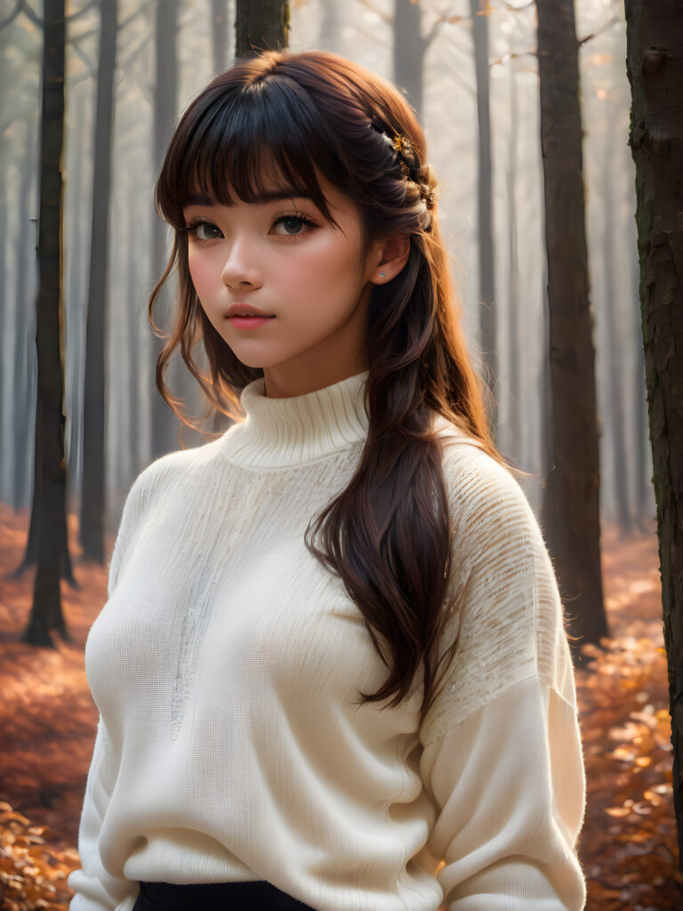 ((gorgeous)), ((stunning)), (side view), (best quality, masterpiece), ((full body)), deep shadow, depth of field, photo with beautiful saturation, ultra high resolution, a cute Exotic girl, 14 years old, wears a (thin tight white chiffon sweater), perfect curved body, ultra realistic face, (((detailed hair, bangs cut))), beautiful saturation, ultra high resolution, deep shadow, in an autumn forest