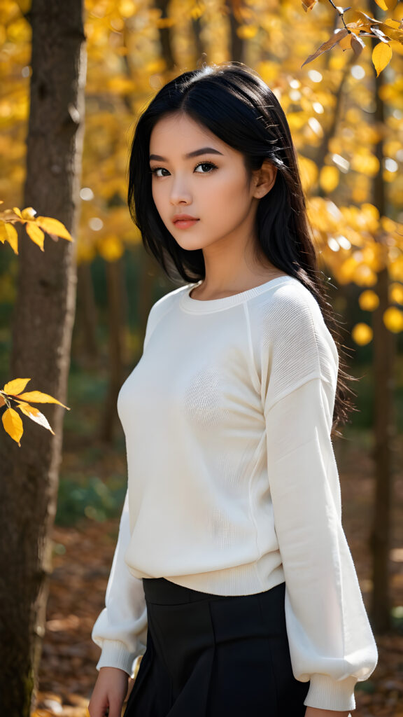 ((gorgeous)), ((stunning)), (side view), (best quality, masterpiece), ((full body)), deep shadow, depth of field, photo with beautiful saturation, ultra high resolution, a cute Exotic girl, 13 years old, wears a (thin tight white chiffon sweater), perfect curved body, ultra realistic face, (((detailed black hair))), beautiful saturation, ultra high resolution, deep shadow, in an autumn forest