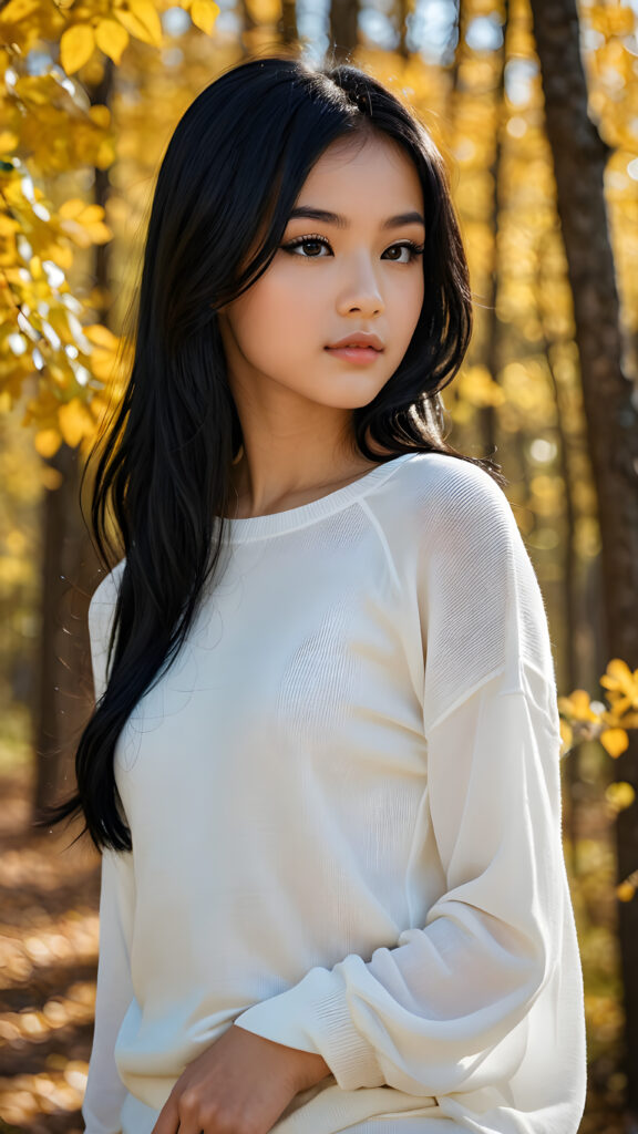 ((gorgeous)), ((stunning)), (side view), (best quality, masterpiece), ((full body)), deep shadow, depth of field, photo with beautiful saturation, ultra high resolution, a cute Exotic girl, 13 years old, wears a (thin tight white chiffon sweater), perfect curved body, ultra realistic face, (((detailed black hair))), beautiful saturation, ultra high resolution, deep shadow, in an autumn forest