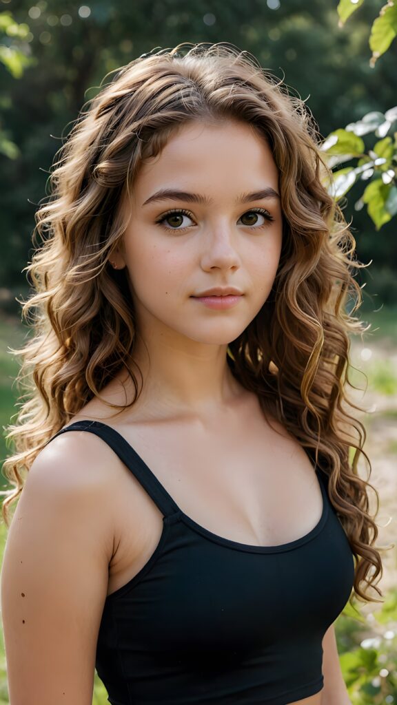 detailed and realistic portrait: a natural beautiful teen girl with long semi curly soft hazelnut hair wearing a black tight crop top, in a beautiful natural place
