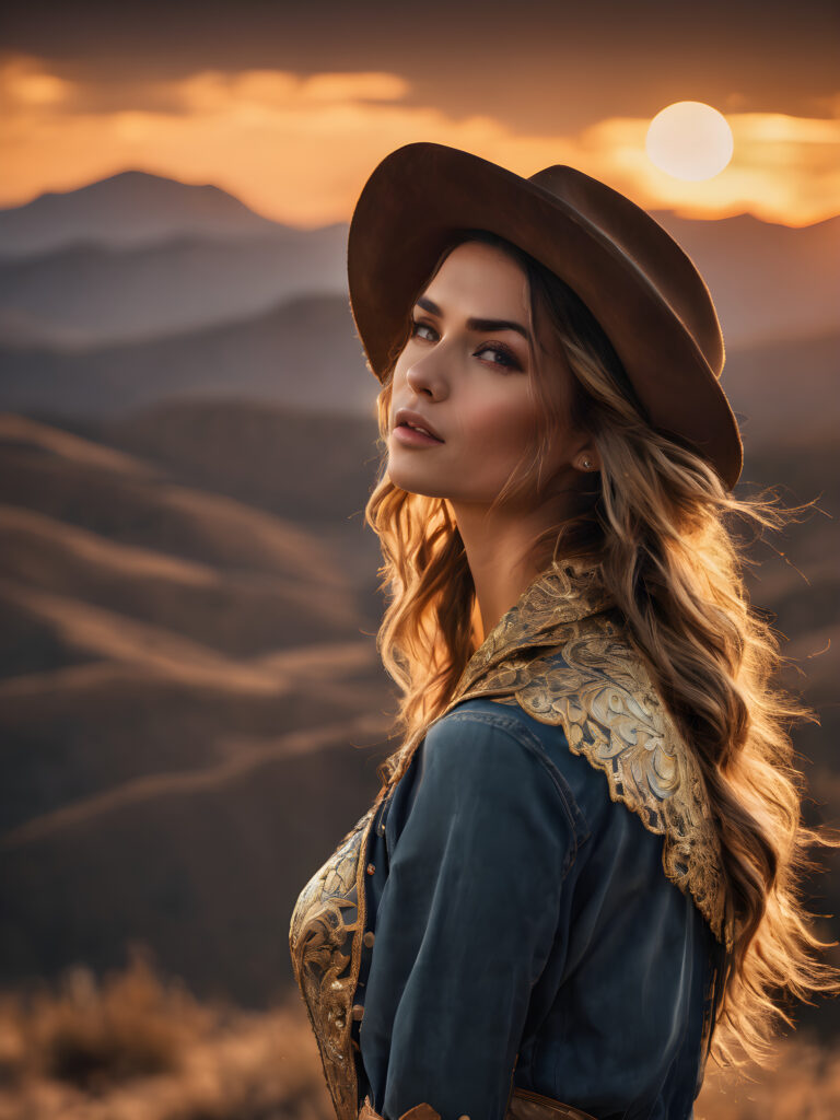(hyper-realistic, highly-detailed, vivid ((full body ((profile)) photo))), with ((rich colors, golden highlights, golden light)), ((low light)), ((crisp details)), ((dramatic diffuse backlighting)), ((high-dynamic range)), ((dramatic sunset)) cowgirl, perfect pose