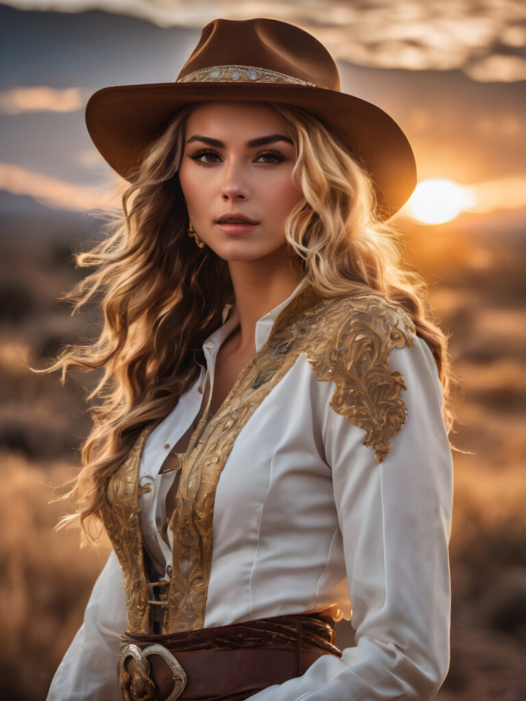 (hyper-realistic, highly-detailed, vivid ((full body ((profile)) photo))), with ((rich colors, golden highlights, golden light)), ((low light)), ((crisp details)), ((dramatic diffuse backlighting)), ((high-dynamic range)), ((dramatic sunset)) cowgirl, perfect pose