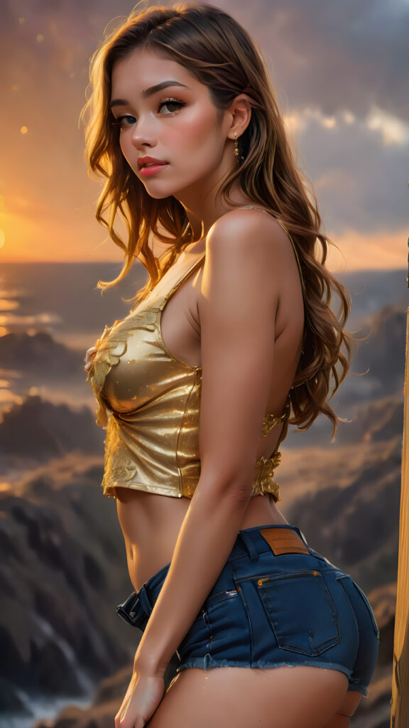 (hyper-realistic, highly-detailed, vivid ((full body ((profile)) photo))), with ((rich colors, golden highlights, golden light)), ((low light)), ((crisp details)), ((dramatic diffuse backlighting)), ((high-dynamic range)), ((dramatic sunset)) a girl wearing short jeans, perfect pose