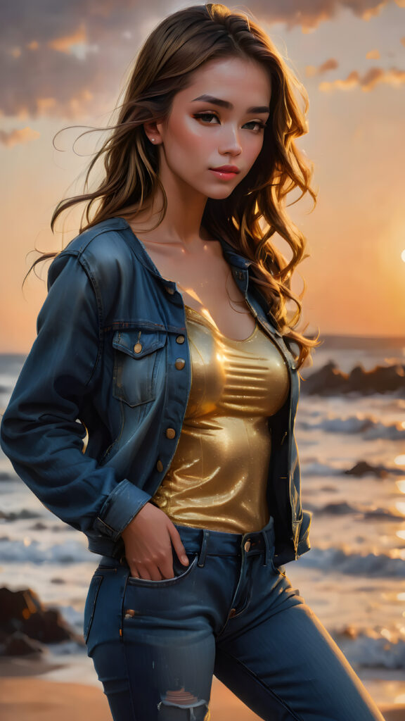(hyper-realistic, highly-detailed, vivid ((full body ((profile)) photo))), with ((rich colors, golden highlights, golden light)), ((low light)), ((crisp details)), ((dramatic diffuse backlighting)), ((high-dynamic range)), ((dramatic sunset)) a girl wearing short jeans, perfect pose
