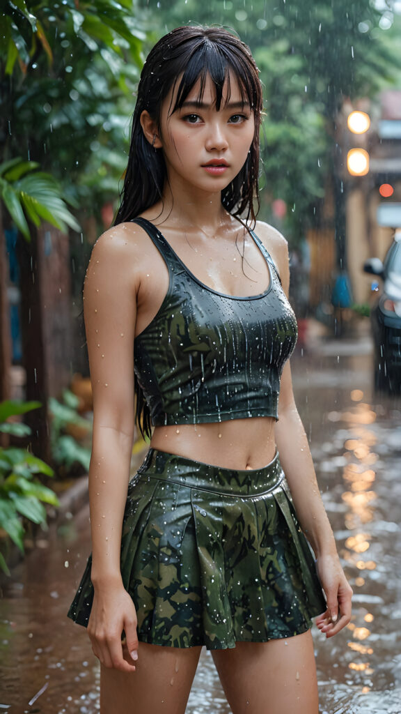 hyper realistic 8k dynamic photography of beautiful cute enchanting mage 18 years old girl, with detailed long full wet hair, Korean styled bangs, realistic and detailed eyes, standing in the rain, looking sadly into the camera, wear wet tight super short tank top in camouflage color, super short round mini skirt, perfect curved body, dynamic cinematic lights, full body shot, exotic face, ultra hyper detailed, wet skin