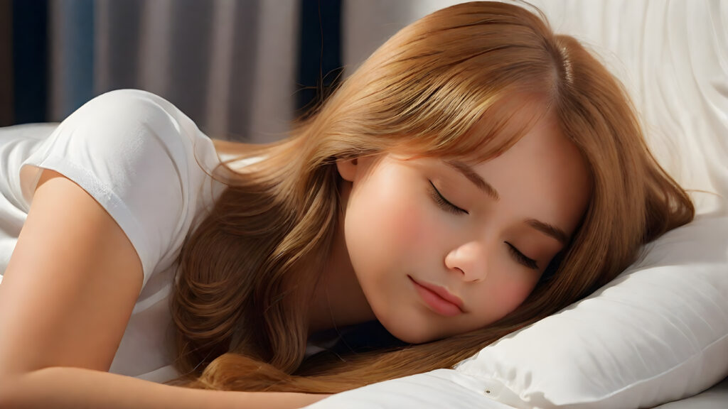 (((cute))) (((long, straight hazelnut hair))) ((stunning)) a (((professional night photograph))) lies on the bed and sleeping in a comfortable bed, holding a pillow, closed eyes, ((teen girl)), 15 years old, bangs cut, realistic detailed angelic round face, ((realistic detailed)), (wears a super short tight (white t-shirt) made on thin silk)